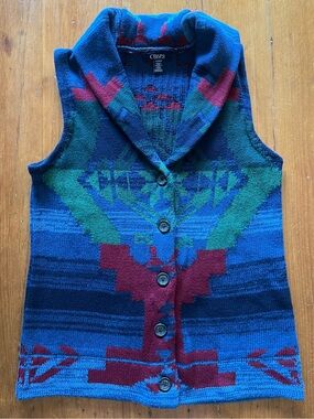 Chaps Shawl Collar Southwestern Aztec Design Button Up Cotton Blend Sweater Vest